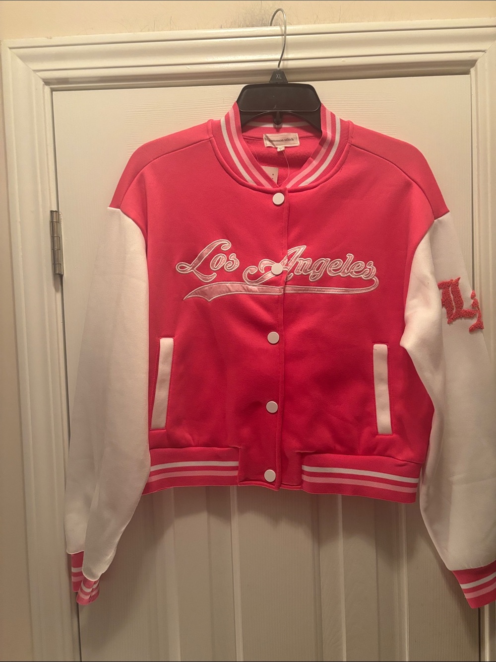 NWT Common Stitch Los Angeles Embroidered Pink & White Varsity Jacket